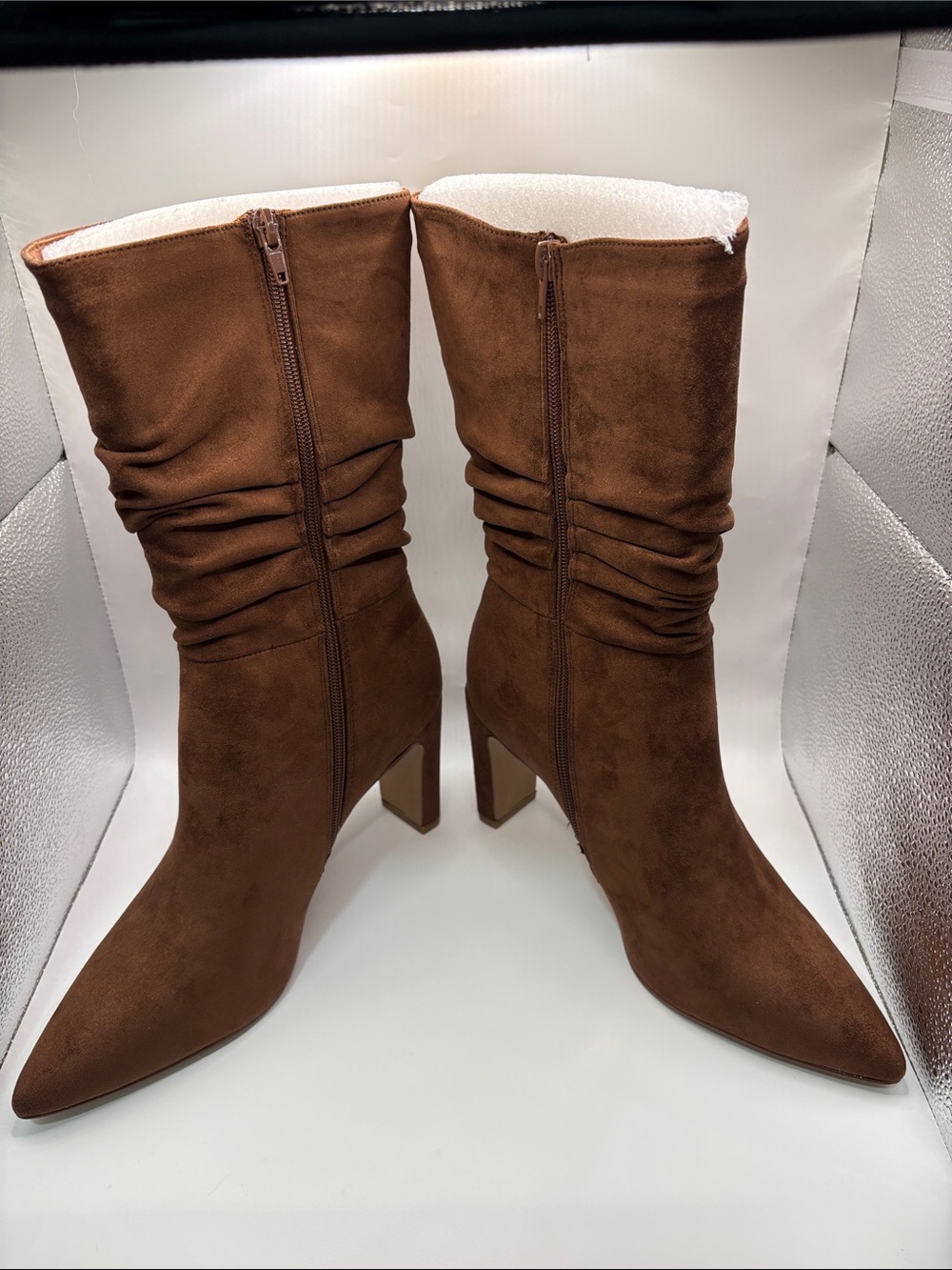 CL by Chinese Laundry Ezra Brown Ruched Mid-Calf Heeled Boots